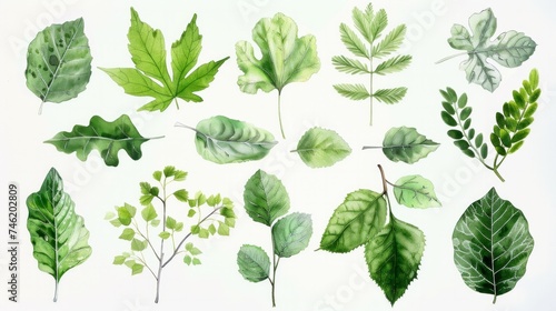 Design a watercolor leaf set, showcasing a variety of vintage foliage and branches, each piece a testament to the elegance of nature. Use a soft, green palette, AI Generative
