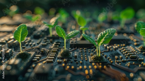 Digital background featuring green sprouts flourishing on a computer chip, blending elements of nature with modern technology. This backdrop showcases the seamless integration, AI Generative
