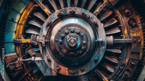 Detailed view of a turbine shop within a power generation facility, featuring the intricate parts of a disassembled turbine awaiting repair and inspection, AI Generative photo