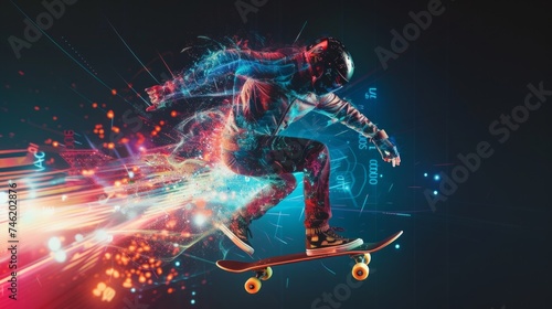 Doppler effect in data visualization art Wrapping a stylish male cyborg with complex cyberpunk suit on, skateboarder's invisible body in beautiful complementary colors reflective, AI Generative