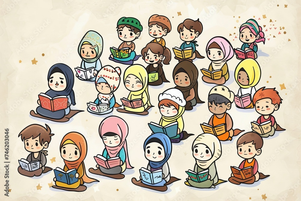 Cartoon cute doodles of characters attending Ramadan lectures and Islamic classes to gain knowledge and strengthen their faith, Generative AI Cartoon cute doodles of characters attending Ramadan lectures and Islamic classes to gain knowledge and strengthen their faith, Generative AI