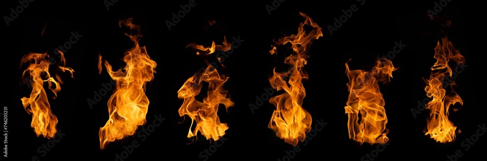 Fototapeta premium The set of fire and burning flame isolated on dark background for graphic design