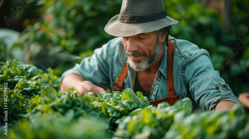 A Farmer spraying vegetable green plants in the garden with herbicides, pesticides, or insecticides, Farmer spraying vegetables in the garden with herbicides.