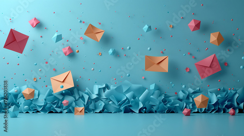 New email notification, spam folder with emails,. Abstract minimalist design with cutout paper and blue background