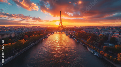 Paris aerial panorama with river Seine and Eiffel Tower, France. Romantic summer holiday vacation destination. Panoramic view above historical Parisian buildings and landmarks with twilight sky