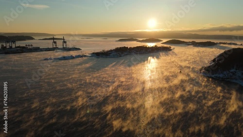 Wallpaper Mural Golden Hour Sunset Light Over Port Near Bjorvika, Oslo With Fog Floating Above Water. Aerial Dolly Right Torontodigital.ca