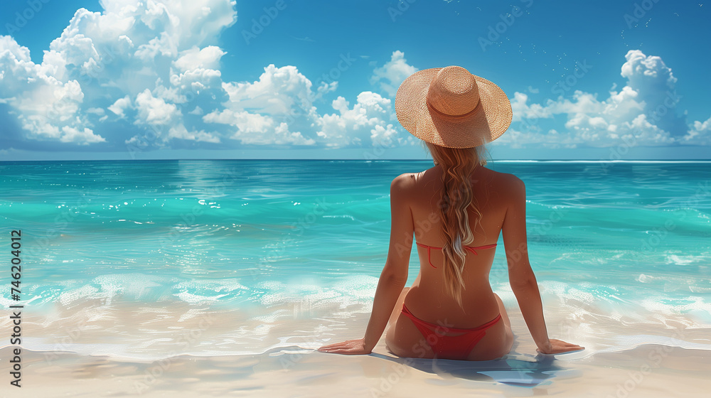 Beach vacation summer, woman sunbathing relaxing on a tropical beach, holiday banner panoramic with copy space, female relaxing on a tropical beach