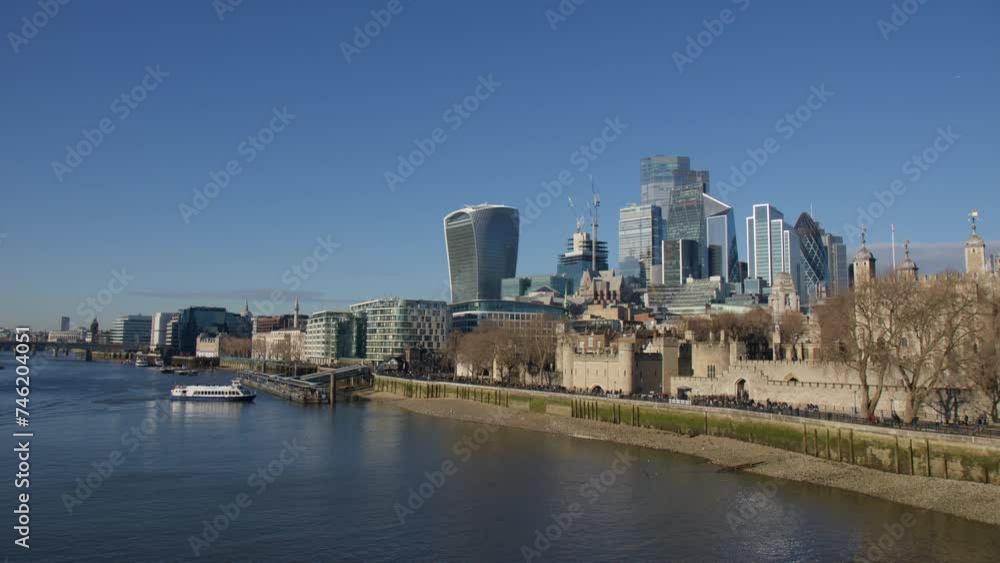 City of London Skyline From Tower Bridge In London, UK. - wide shot City of London Skyline From Tower Bridge In London, UK. - wide shot