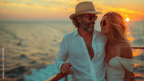 couple on the wooden deck of a cruise ship, a Luxury cruise vacation. man and woman watching the sunset