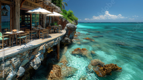  restaurant by the ocean of a tropical Island, a tropical cafe with an ocean view, a Restaurant over the sea, overwater dinner tables on a wooden deck with azure ocean