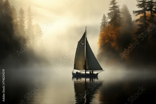 Mysterious Sailboat foggy lake. Park ghost. Generate Ai