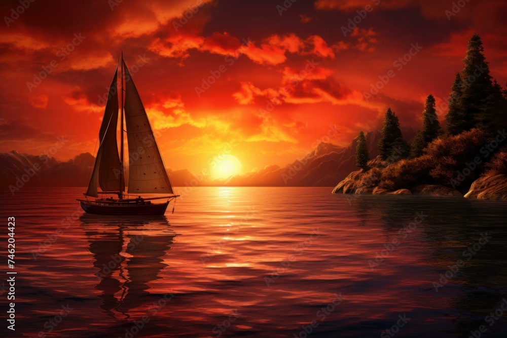 Picturesque Sailboat sea sunset view. Tourism vacation. Generate Ai