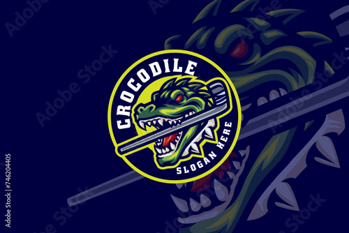 mugger crocodile with hockey stick mascot logo design for hockey sport and gaming