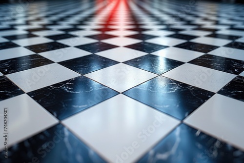 A black and white checkered floor illuminated by a bright red light. photo
