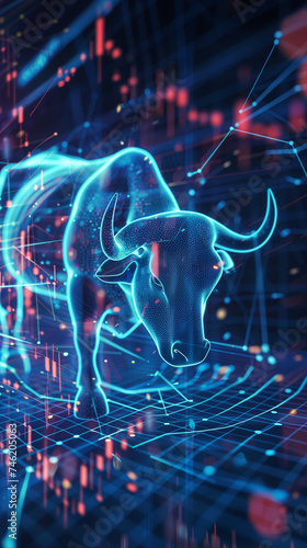 Digital illustration of a bull on a dynamic stock market background
