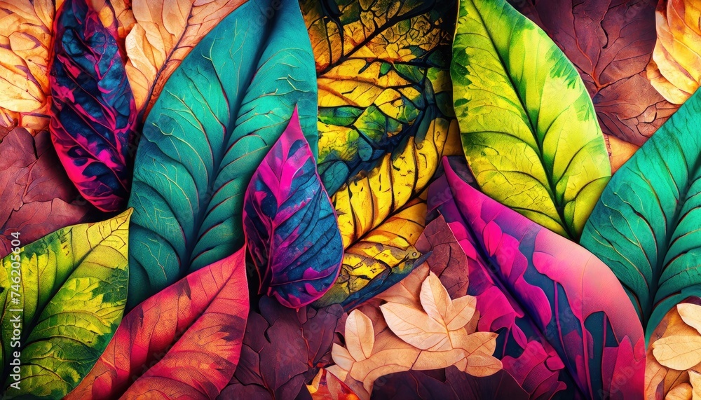 A vibrant, abstract collage of leaves, with a mix of bright colors - obrazy, fototapety, plakaty 