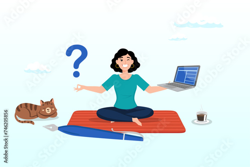 Businesswoman lotus meditate to solve work problem, solve problem, contemplation or relaxation help find solution, focus or calm mindfulness to get answer, understanding or brainstorming (Vector)