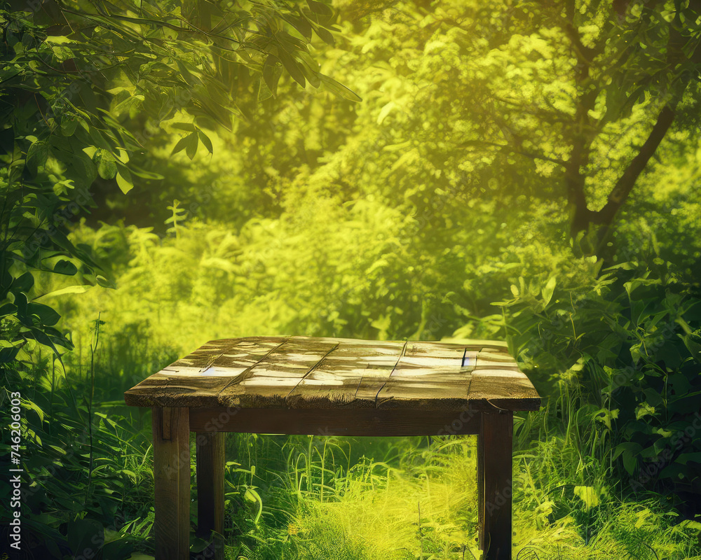 Empty rustic wooden table with defocused green lush foliage in the background