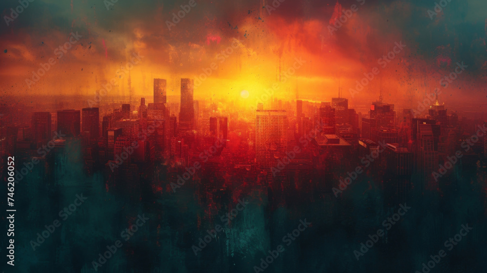 Fototapeta premium Texture of a city skyline at dusk with buildings casting long shadows against the colorful sky showcasing the urban landscapes various textures.