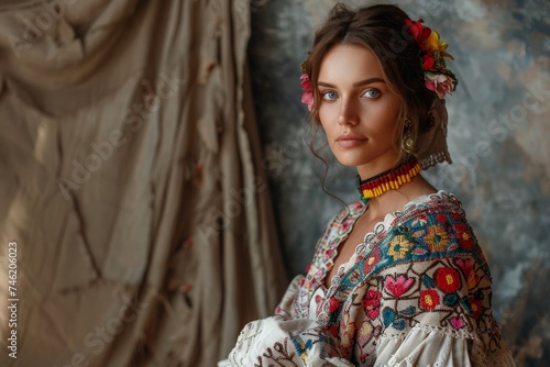 Elegant Ukrainian Woman in Traditional Embroidered Vyshyvanka with Floral Headdress photo