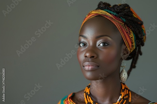 Stunning African Queen in Traditional Ghanaian Kente Cloth and Jewelry on Brown Background photo