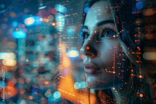 a visionary woman with a digitalized cityscape overlaying her profile, symbolizing a connection between the human mind and urban technological advancements.