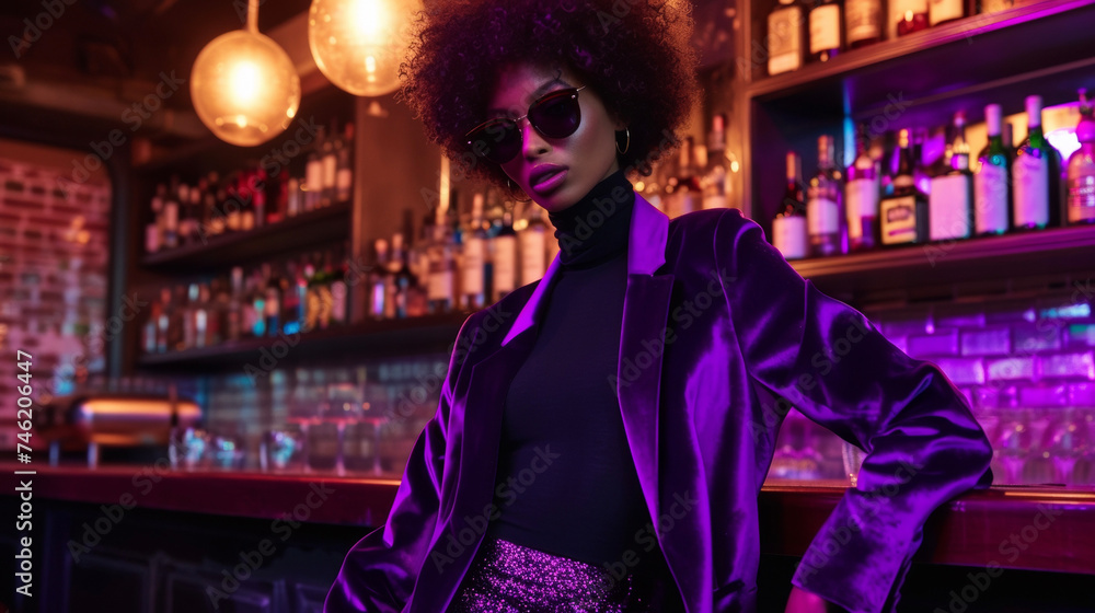 A purple velvet blazer with metallic detailing worn over a black turtleneck and wideleg pants. The dimlylit nightclub provides a moody ambiance for this rockstarinspired look.