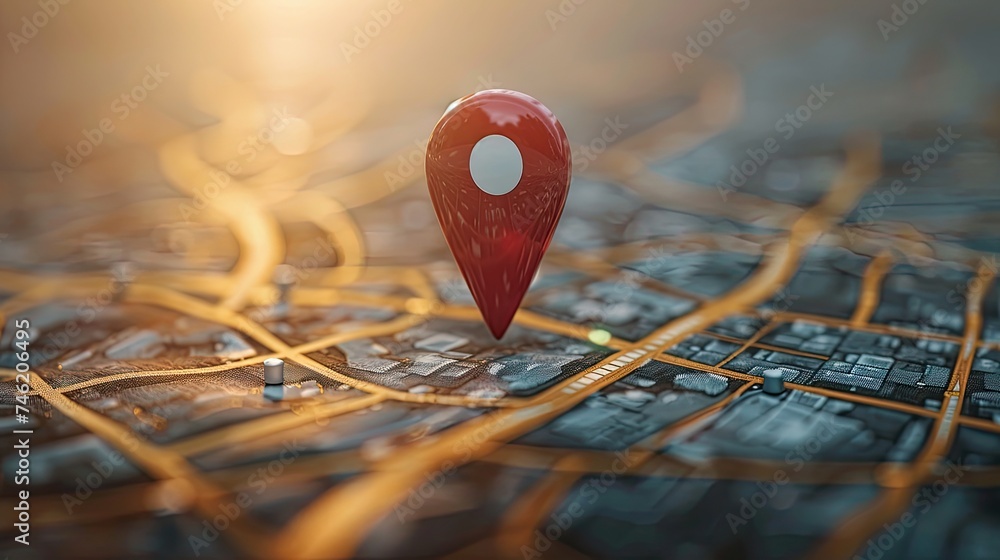A red pin indicating the exact position on the navigation map. - obrazy, fototapety, plakaty 