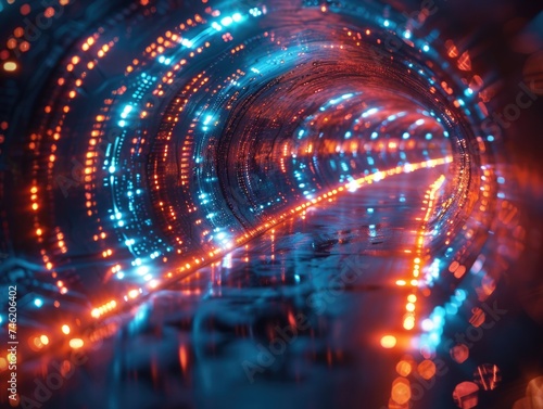 A photograph showing vibrant lights blurred in a tunnel, creating a mesmerizing effect.