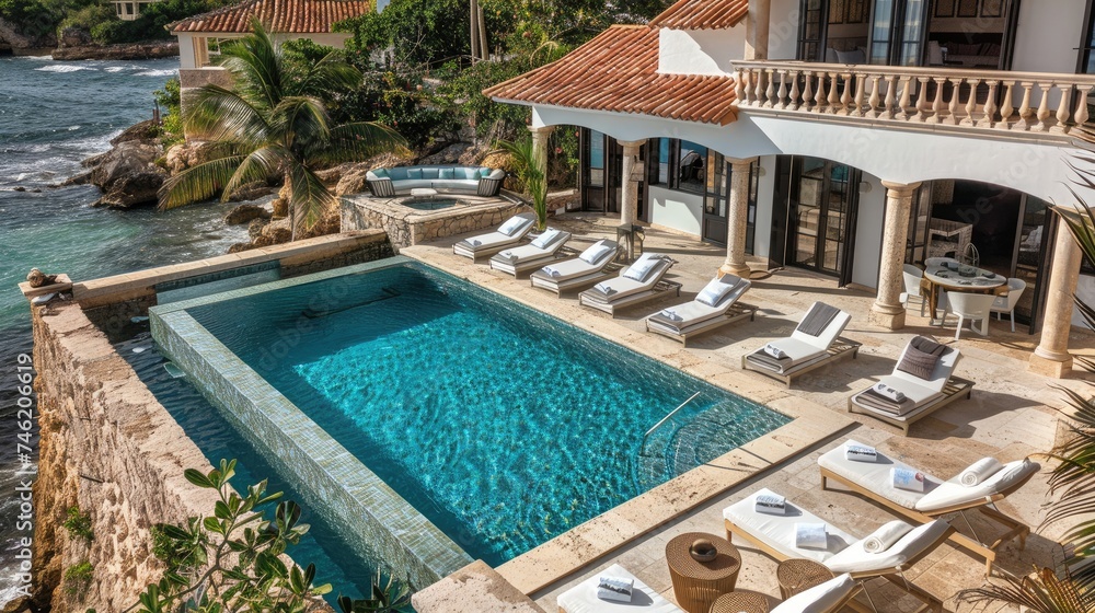 A large outdoor pool at the villa near the sea.