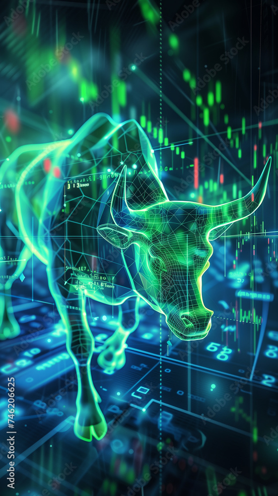 3D illustration of cyber bull on digital financial backdrop 3D illustration of cyber bull on digital financial backdrop