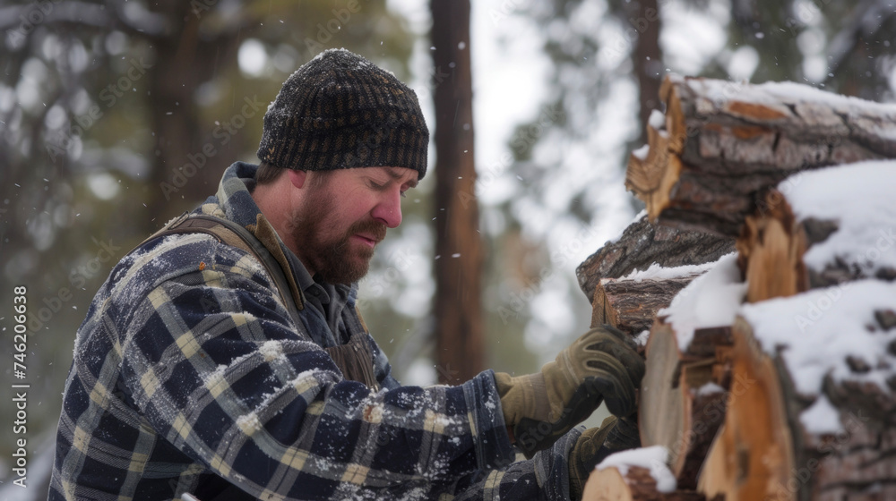 A lumberjack with steady hands carefully selecting which trees to down for the upcoming season. Each tree chosen with a purpose in mind. A lumberjack with steady hands carefully selecting which trees to down for the upcoming season. Each tree chosen with a purpose in mind.