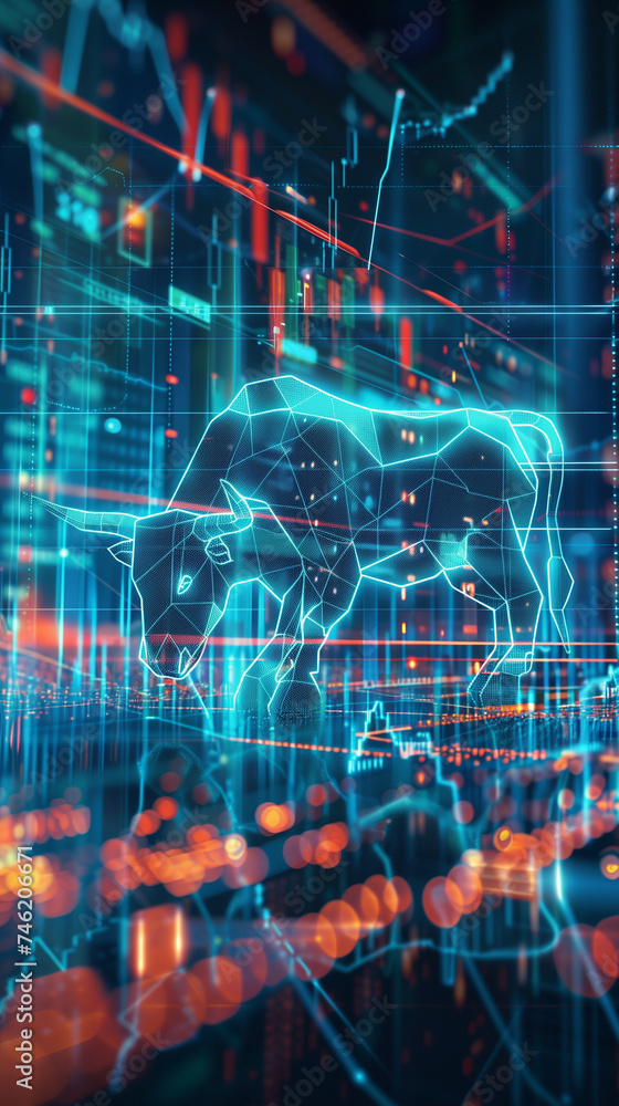 Futuristic bull in digital stock market with glowing graphs