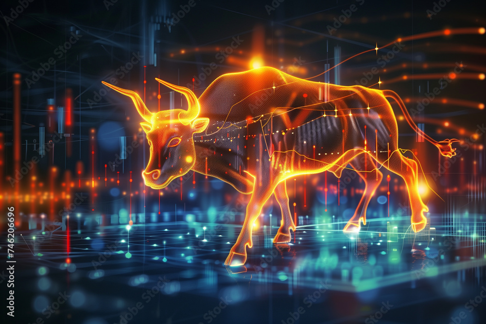 Illuminated digital bull on abstract financial graph background 
