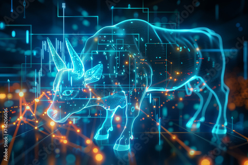 Digital illustration of a bull on a dynamic stock market background