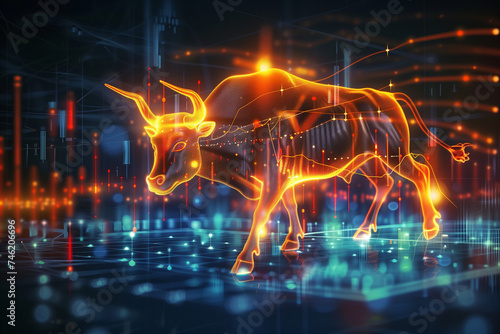 Illuminated digital bull on abstract financial graph background  © RicardoLuiz