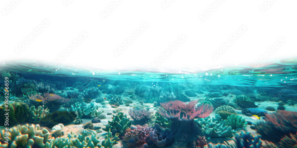 Tropical scene with coral reef underwater ocean, isolated on white and transparent background