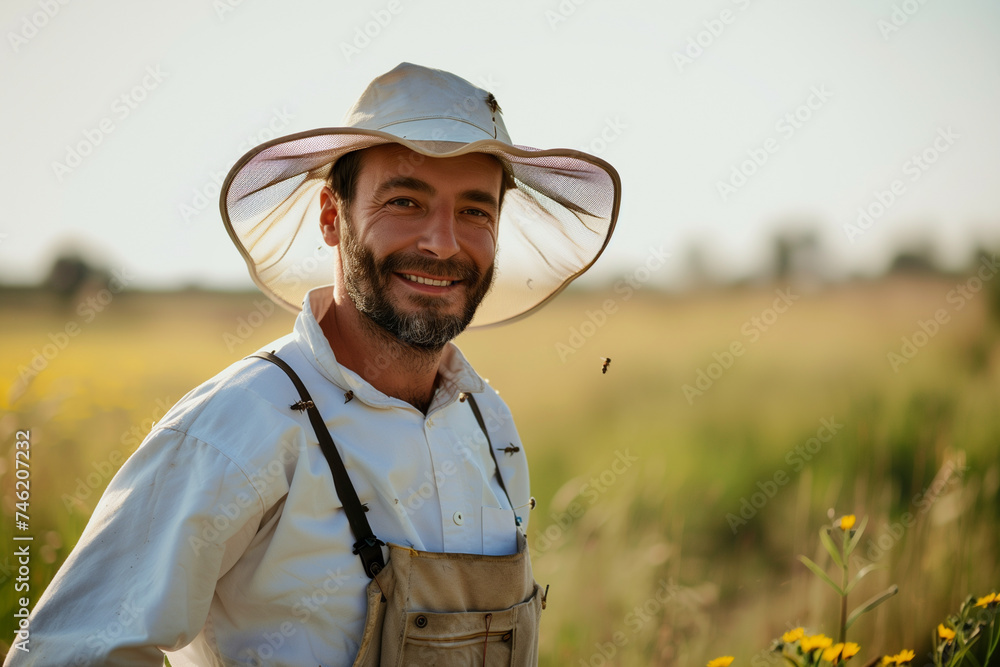 Portrait of a happy beekeeper outdoors with a bee in flight.