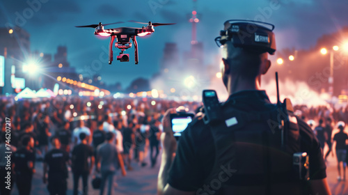 Security personnel flies drone above large crowd at sunset photo