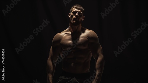 Muscular model man on dark background. Fashion portrait of strong brutal guy.