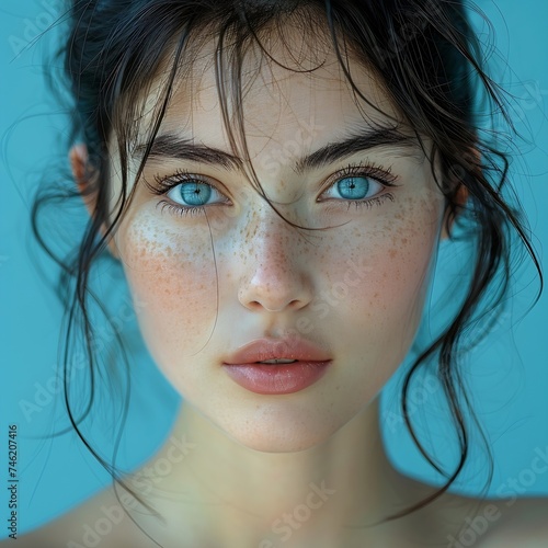 Generative AI : Portrait of a young blue eyed Asian brunette on a blue pastel background