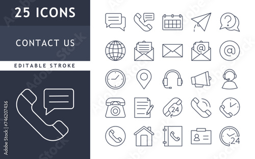 Contact us icons set. Communication, email, chat, address, time, symbol collection. vector set illustration. Editable stroke