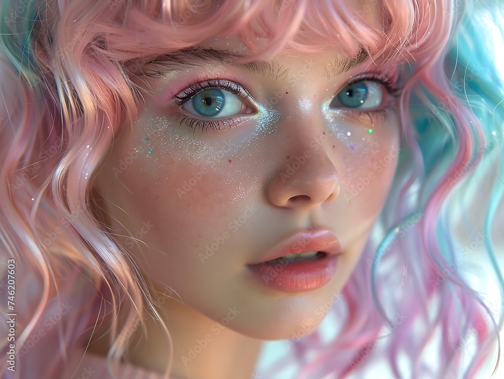 Generative AI : Pastel Colored Hairstyle and Makeup Fashion Portrait. 