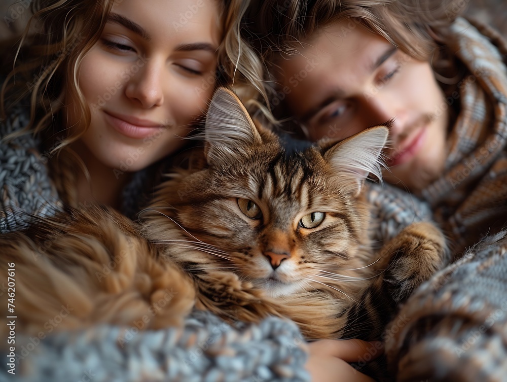 Generative AI : Happy family with cute cat resting at home