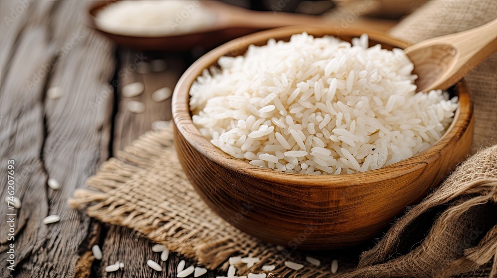 A wooden bowl filled with delicious rice sits atop a rustic wooden table, accompanied by a complementary wooden spoon. A wooden bowl filled with delicious rice sits atop a rustic wooden table, accompanied by a complementary wooden spoon.