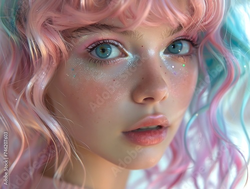 Generative AI : Pastel Colored Hairstyle and Makeup Fashion Portrait.  © The Little Hut