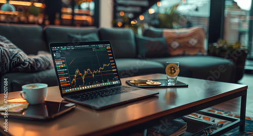 laptop on a coffee table with bitcoin and currency charts