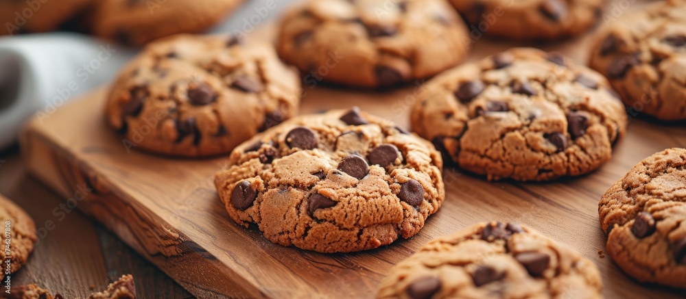 A tempting view of delicious chocolate chip cookies up close, displayed on a wooden cutting board.