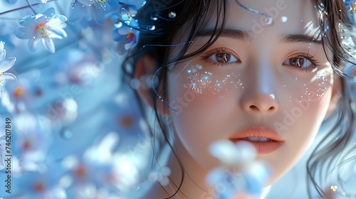 Generative AI : beautiful korean teenage girl, breathing the good scent, smell of freshness, smiling beautifully photo