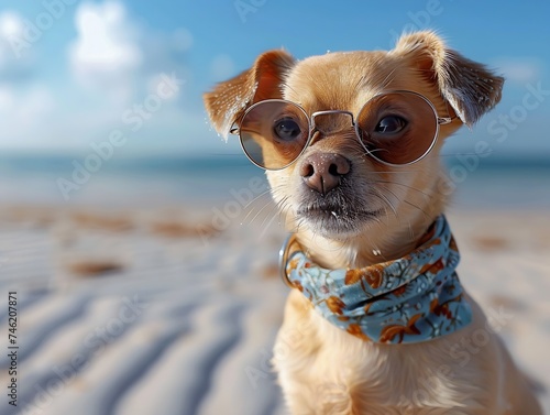 Generative AI : Dog in a bandana and glasses on the beach, the concept of recreation, I want to go on vacation. 